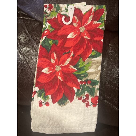 Poinsettia Holiday Kitchen Set:Oven Mitt & Towel 100% Cotton/Polyester Red&White - Picture 3 of 7
